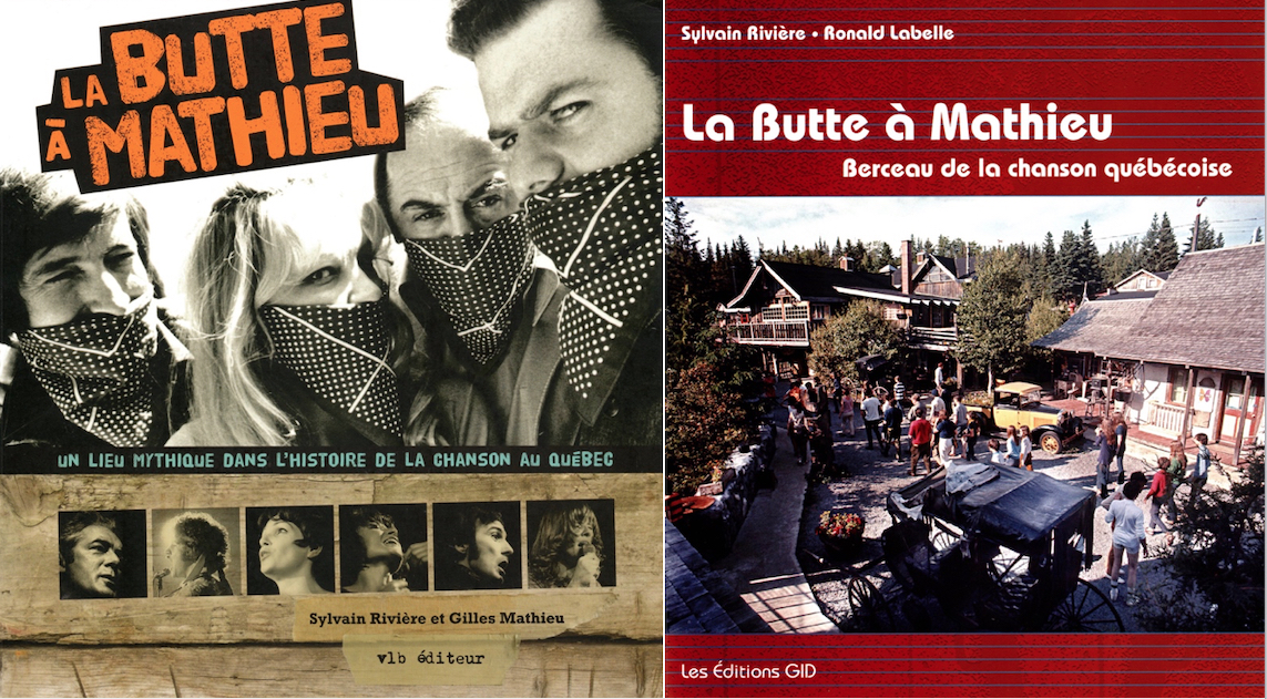 Montage de photographies en couleurs de deux couvertures de livres publiés sur la Butte à Mathieu illustrés par deux photographies en noir et blanc présentant des comédiens de la Butte et les bâtiments de la Butte. 