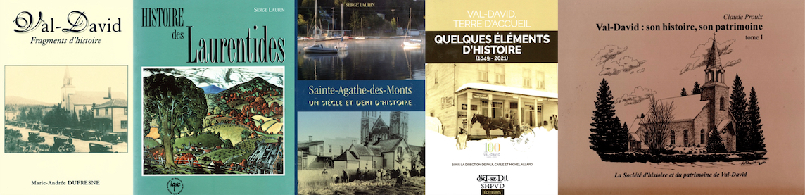 Montage de photographies en couleurs des couvertures de cinq livres publiés sur l’histoire de Val-David illustrés par une photographie ou un dessin.
