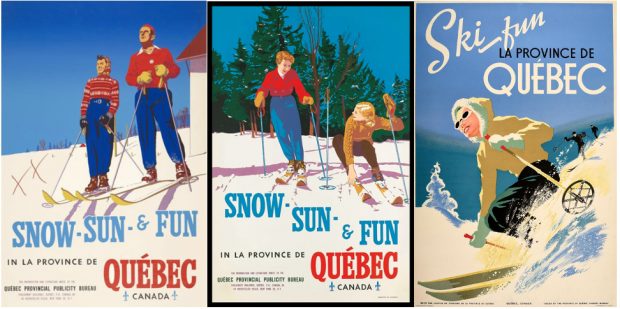 Groupe de trois affiches montrant des skieurs dessinés en couleurs rutilantes sur la neige blanche dans des poses diverses.