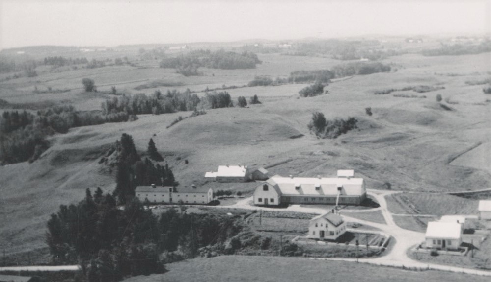 Vue aérienne en noir et blanc de tous les bâtiments de la ferme.