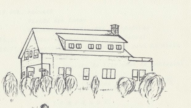 Dessin au crayon noir sur fond blanc d’une maison.
