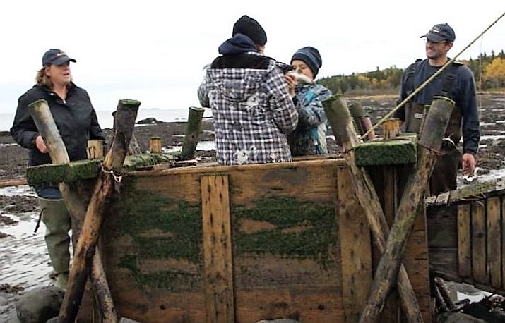 Une fillette et un garçon sont debout dans un coffre en bois destiné à garder les anguilles captives dans une pêche. Ils tiennent une anguille, leurs parents sont à proximité et les observent en souriant.