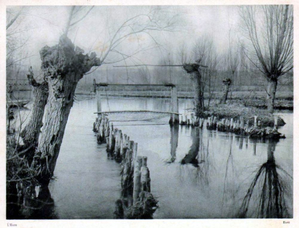 Dans un cours d'eau bordé d’arbres sans feuilles, deux rangées parallèles de poteaux courts forment un passage dont l'extrémité est fermée par un filet; photo noir et blanc.