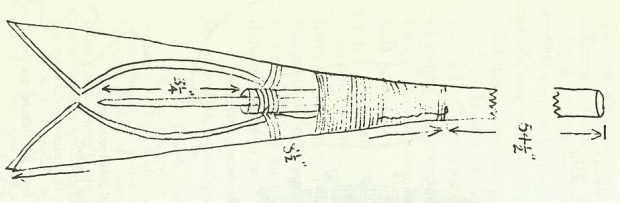 Dessin noir et blanc en aplat de la pointe d’une sorte de harpon servant à piquer en eau peu profonde le saumon et l’anguille. Cet outil est appelé nigogue.