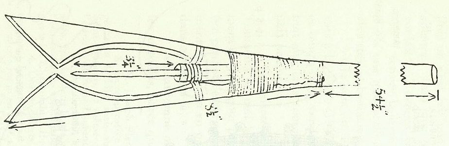 Dessin noir et blanc en aplat de la pointe d’une sorte de harpon servant à piquer en eau peu profonde le saumon et l’anguille. Cet outil est appelé nigogue.