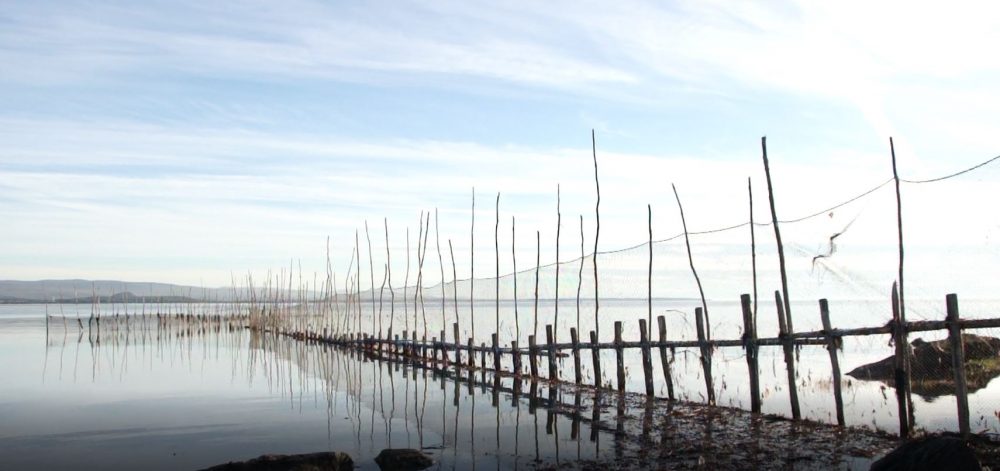 Une longue pêche à anguilles formée de filets fixés à des perches se reflète dans le fleuve.