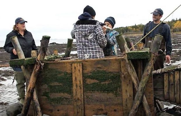 Une fillette et un garçon sont debout dans un coffre en bois destiné à garder les anguilles captives dans une pêche. Ils tiennent une anguille, leurs parents sont à proximité et les observent en souriant. 
