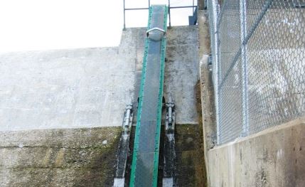 Mur de béton formant un barrage hydro-électrique. Une bande étroite, telle une glissade, est aménagée sur le mur de bas en haut pour que les anguilles puissent y monter.