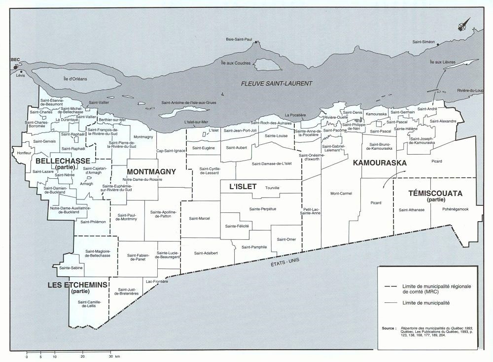 Carte géographique de la Côte-du-Sud sur laquelle sont indiqué les comtés, puis les villes et villages principaux.