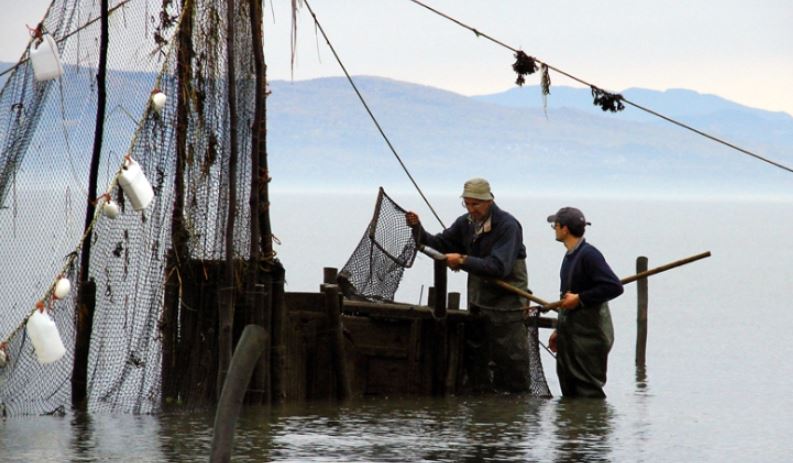 Deux hommes debout dans le fleuve près d'un coffre en bois servant à garder les anguilles captives dans une pêche. Ils ont de l'eau jusqu'aux genoux et tiennent un filet monté sur un cadre carré et muni d'un long manche. On voit des filets de pêche devant le coffre et des montagnes au loin.