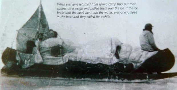 Homme assis sur un traîneau avec des bâches en toile fixées sur les bagages. Texte qui dit Lorsque tous les gens revenaient du camp de chasse du printemps, ils mettaient leurs canots sur un traineau et les tiraient sur la glace. Si la glace brisait et que le bateau allait dans l’eau, tous les gens sautaient dans le bateau et ils naviguaient pour un moment. 