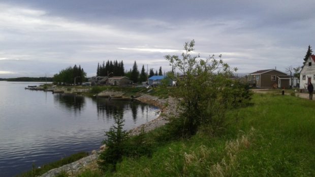 Arbres, maisons et berges de la rivière sous un ciel nuageux.