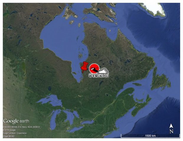 Image satellite du nord du Canada montrant l’emplacement de la nation crie de Wemindji.