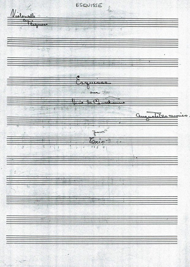 Première page de la partition de musique manuscrite titrée Esquisse sur Vive la Canadienne.