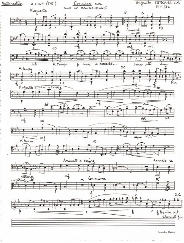 Partition de musique manuscrite titrée Esquisse sur Vive la Canadienne et signée Auguste Descarries 8/12/36.