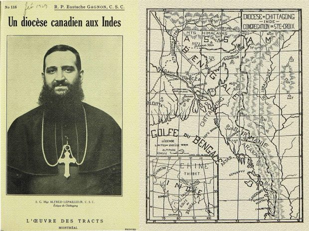 Montage de la couverture d'un fascicule sur lequel il y a la photo de l'évêque Alfred LePailleur, ainsi que d'une carte géographique du Bengale dans les années 1920.