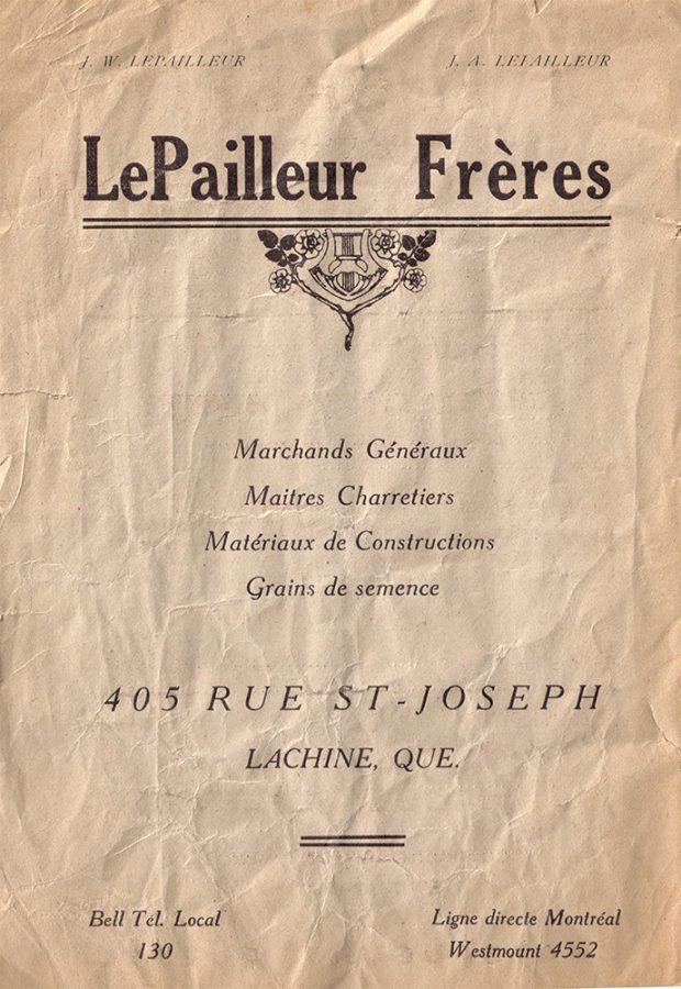 Feuillet publicitaire jauni titré LePailleur Frères, Marchands Généraux, Maîtres Charretiers, Matériaux de Constructions, Grains de semence.