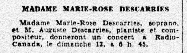 Extrait de journal annonçant un spectacle de Marie-Rose et Auguste Descarries.