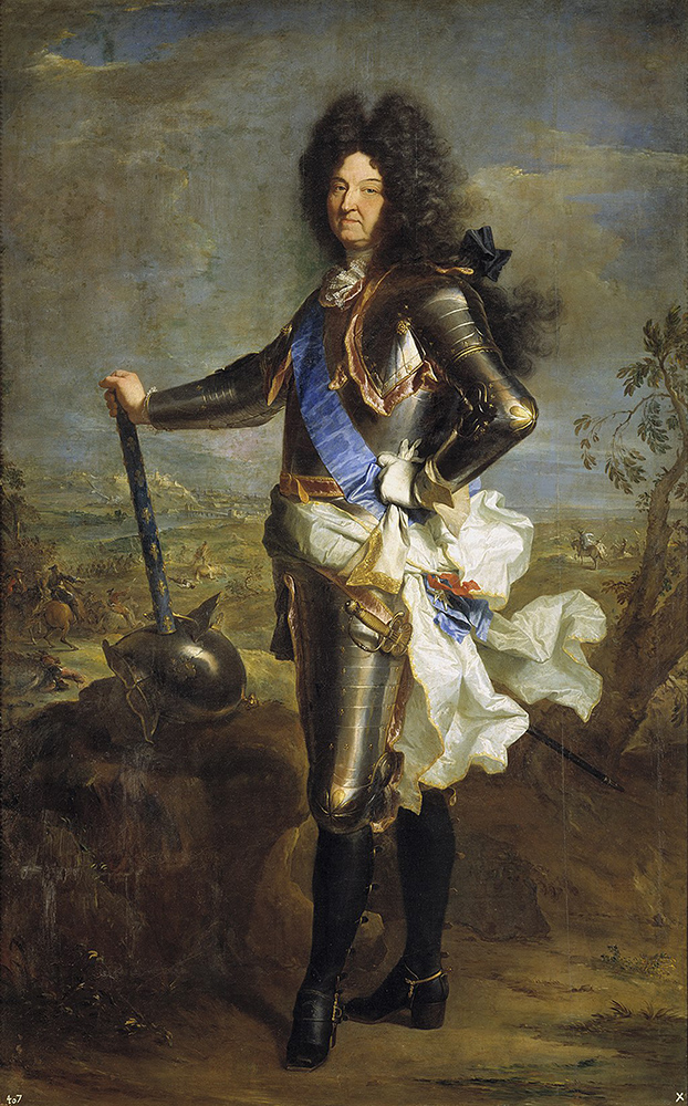 Toile représentant le roi de France Louis XIV. Il est debout en armure devant une scène de combat. Il a une main sur la hanche et l'autre tient une arme. 