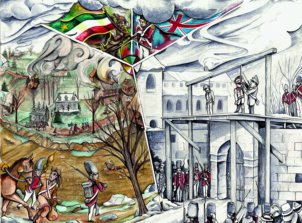 Watercolor representing 3 distinct scenes. In the top one, a British soldier and a patriot are facing each other, each carrying the flag of his government. The one on the left illustrates the devastation caused by the British army in Chateauguay. The third one shows the hanging of Cardinal and Duquet in the Pied-du-Courant prison (Montreal).
