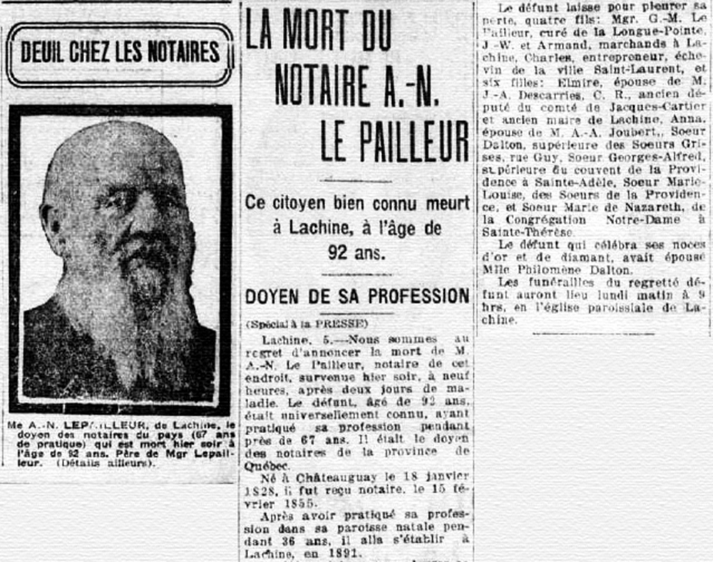 Coupure de journal relatant le décès du notaire Alfred-Narcisse LePailleur.