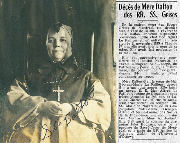 Montage d'une photo noir et blanc de Soeur Agnès LePailleur et de son avis de décès paru dans le journal.