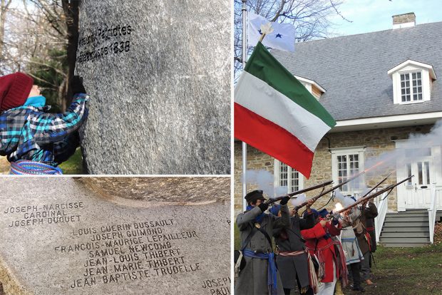 Montage photo montrant le monument en l'honneur des patriotes châteauguois qui se trouve devant la Maison LePailleur et de reconstituants historiques effectuants des tirs protocolaires lors des commémorations de la Journée nationale des patriotes.