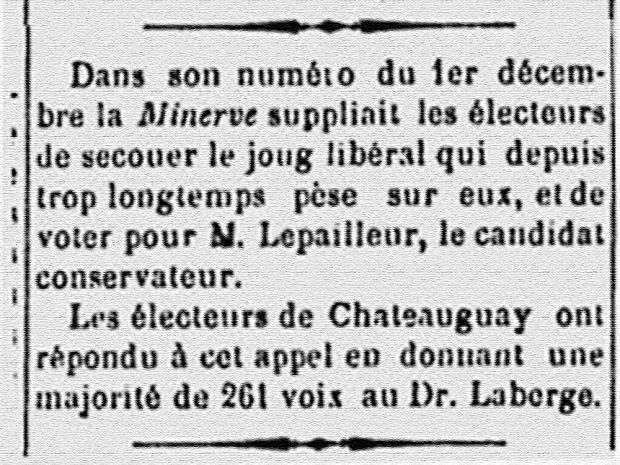 Extrait du journal Le Progrès de Valleyfield du 9 décembre 1881 où il est fait mention des élections.