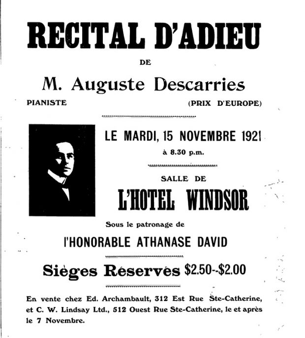Affiche en noir et blanc annonçant un spectacle d'auguste Descarries en 1921.