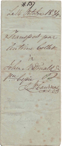 Page verdâtre d'un document notarié rédigé par Joseph-Narcisse Cardinal. Il y a plusieurs taches sur le document et l'encre est brunâtre.