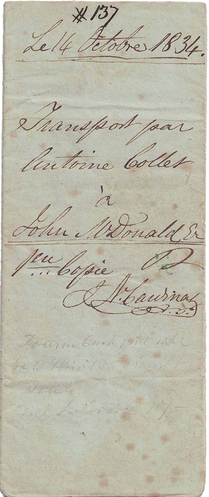 Page verdâtre d'un document notarié rédigé par Joseph-Narcisse Cardinal. Il y a plusieurs taches sur le document et l'encre est brunâtre.