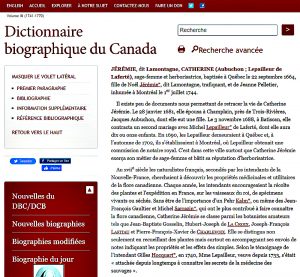 Capture d'écran de la page sur Catherine Jérémie dans le Dictionnaire biographique du Canada.