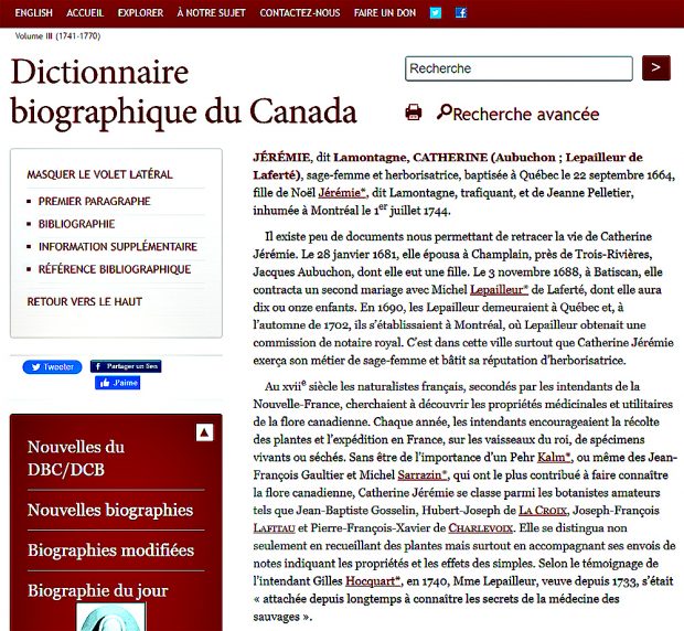 Capture d'écran de la page sur Catherine Jérémie dans le Dictionnaire biographique du Canada.