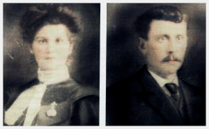 Photos en buste d'une femme portant une broche et d'un homme moustachu