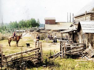 Homme à cheval, chien et charette devant édifices et clôtures en bois