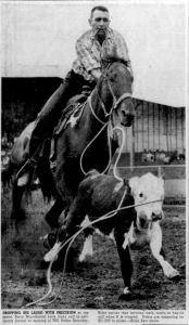 Cowboy à cheval attrapant un veau au lasso