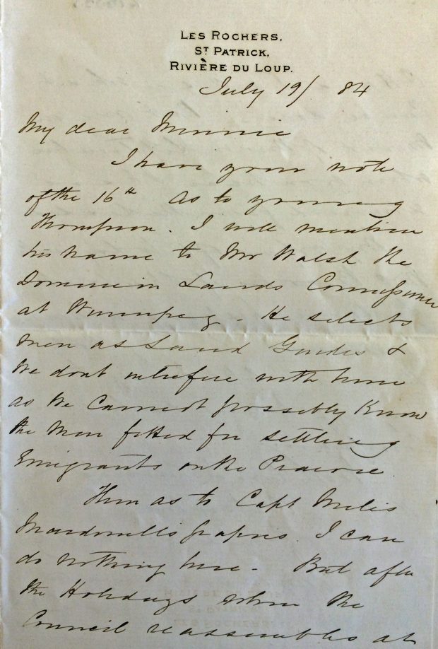 Photographie d'une lettre manuscrite datée du 19 juillet 1884. 