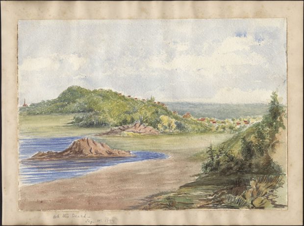 Une aquarelle dépeignant un doux paysage fluvial, une eau calme nappant un petit croissant de plage bordé d’une végétation verdoyante au premier plan. On peut distinguer des fleurs colorées en arrière-plan.