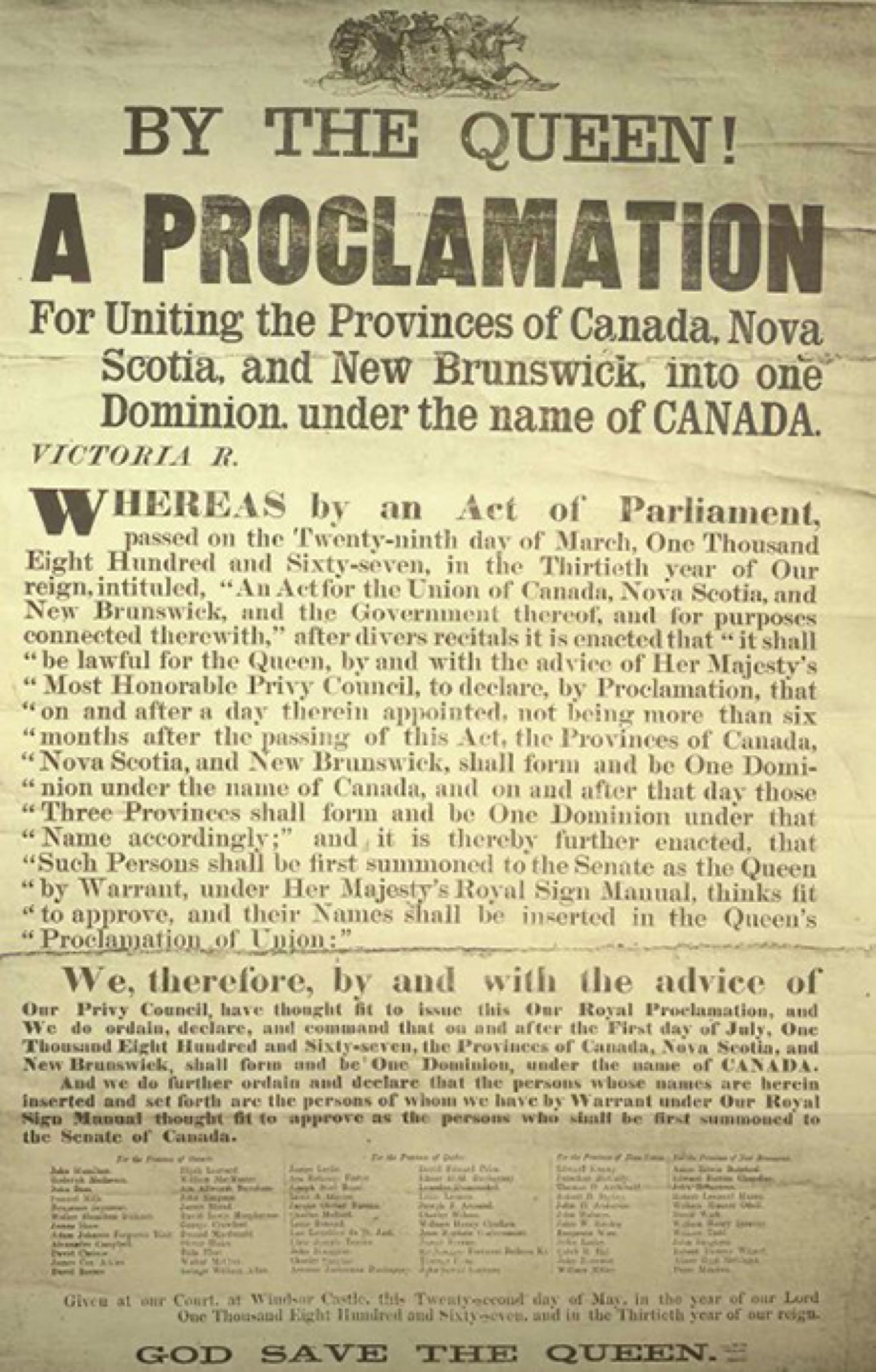 Photo de l'affiche annonçant la proclamation de la reine Victoria créant le Dominion du Canada, le 1er juillet 1867.