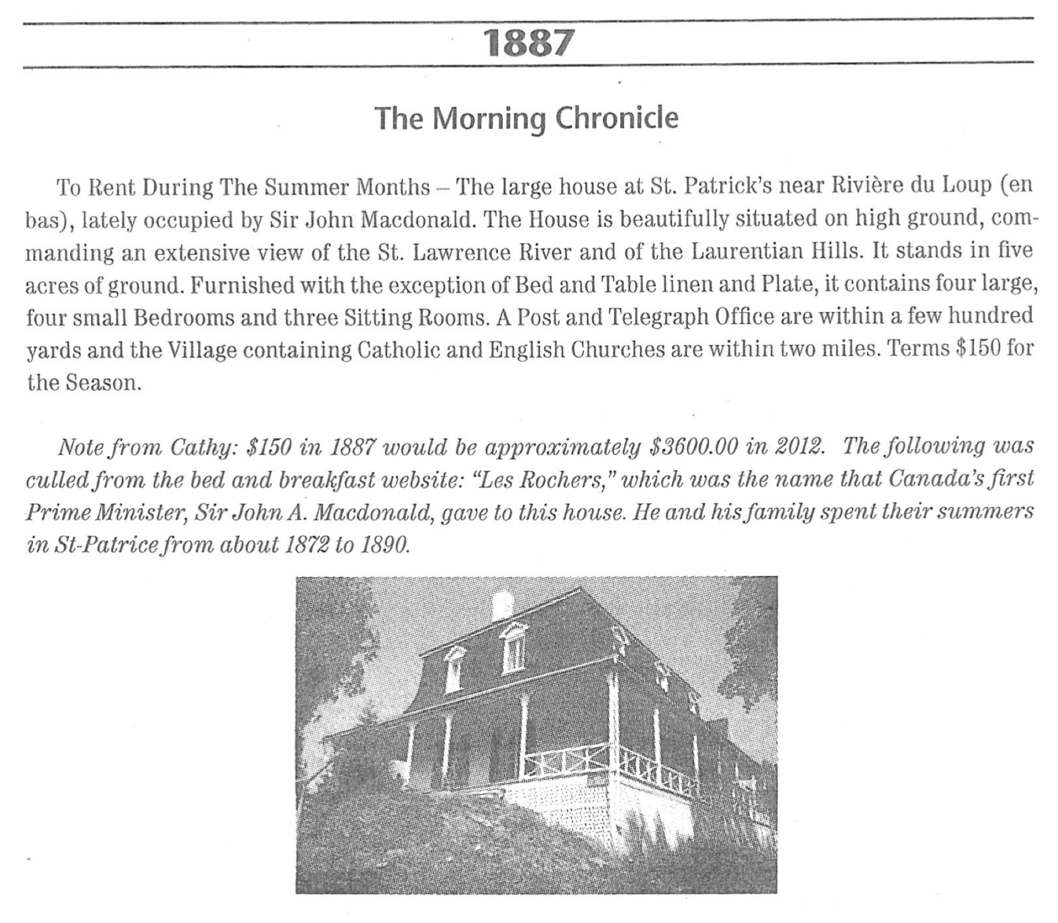 Photocopie d'une réclame dans un journal (le Quebec Morning Chronicle) annonçant une maison à louer (la villa Les Rochers), affichant une photo de la propriété. 