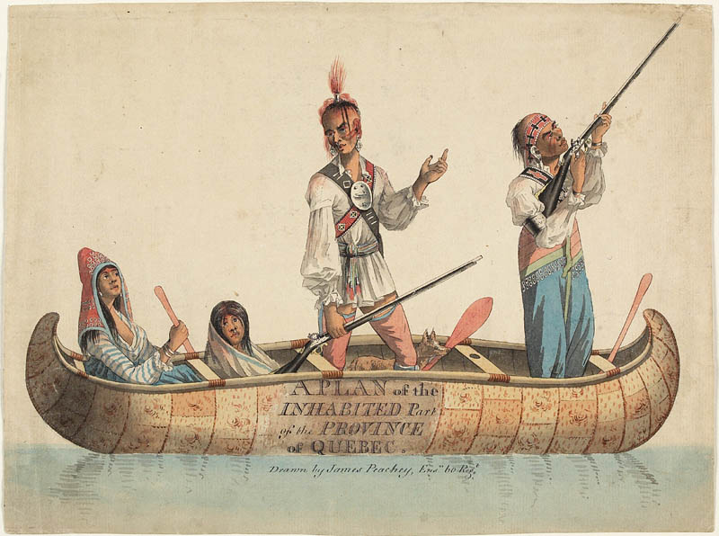 Une aquarelle détaillée de quatre autochtones; deux femmes et deux hommes installés dans une pirogue en écorce de bouleau. L'une des deux femmes tient une pagaie et les deux hommes se tenant debout, munis d’un fusil; l'un d’eux à l’extrême droite, dirigeant son arme vers le ciel. 