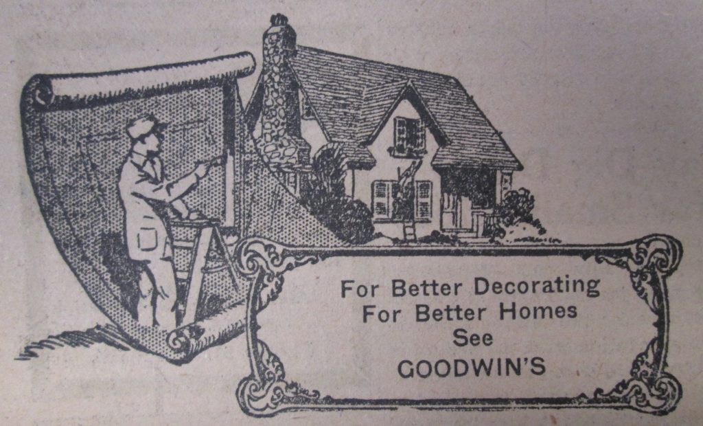 Image d’une publicité illustrée qui montre un homme sur une échelle derrière un gros rouleau de papier peint, regardant une maison