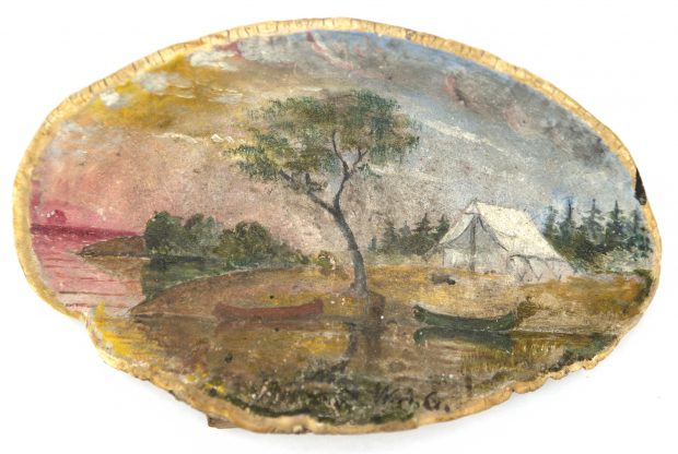 Peinture à l’huile sur champignon d’un canoë et d’un terrain de camping 