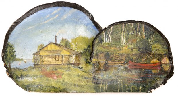Champignon peint d’une maison de bois sur la rive d’un lac à la gauche et des canoës à l’eau à la droite