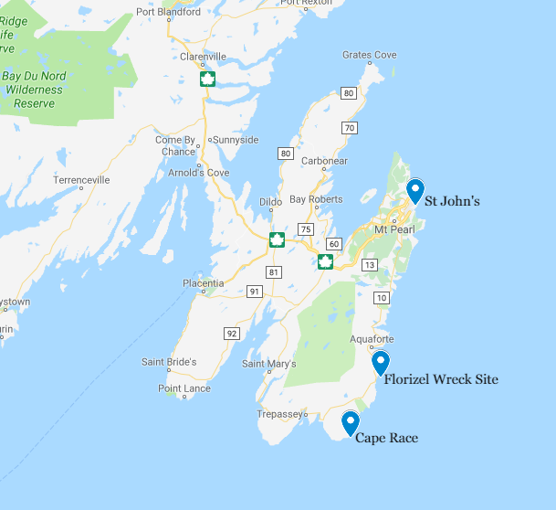 Carte de la péninsule d’Avalon montrant des lieux relatifs au Florizel, dont St. John’s, le site du naufrage du Florizel et Cape Race.