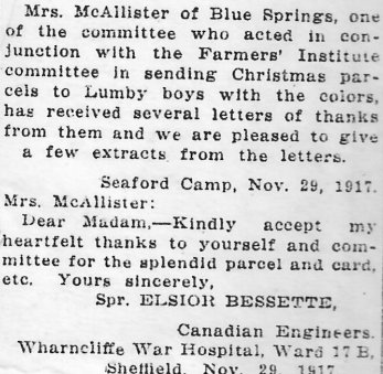 Une lettre au rédacteur, écrite par un combattant de la Première Guerre mondiale. Le soldat remercie des dames de chez lui pour le paquet de Noël.