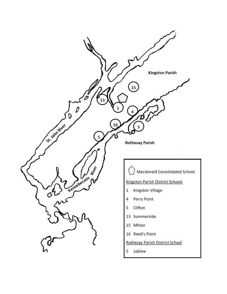 Carte montrant l’emplacement approximatif des écoles paroissiales de Kingston et Rothesay qui ont été regroupées. 