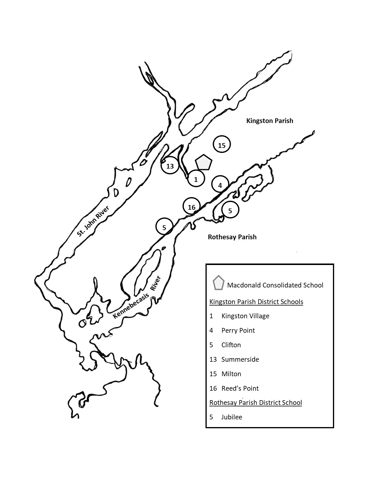 Carte montrant l’emplacement approximatif des écoles paroissiales de Kingston et Rothesay qui ont été regroupées. 