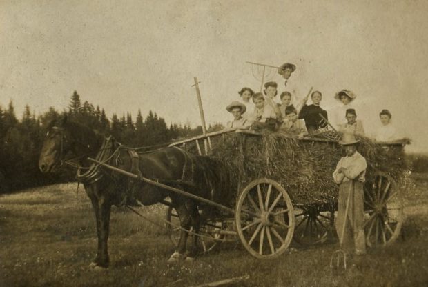 Un homme avec une fourche se tient à côté d’un chariot de foin tiré par un cheval. Onze membres de la famille de tous âges sont assis sur le foin. 