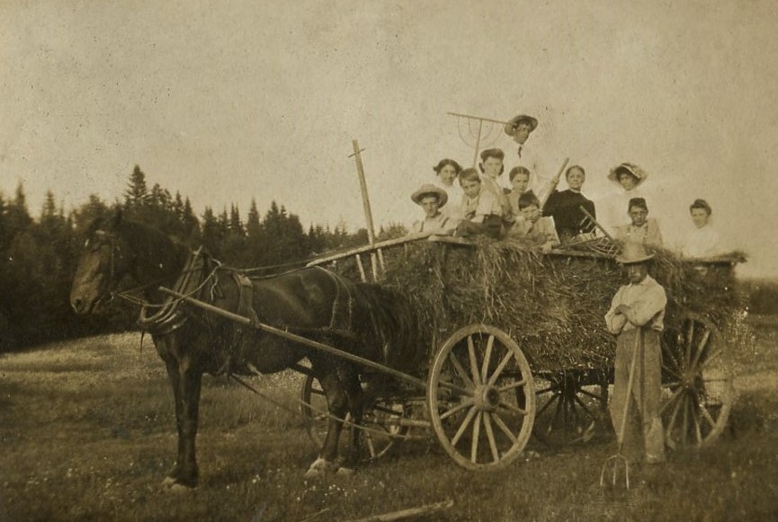 Un homme avec une fourche se tient à côté d’un chariot de foin tiré par un cheval. Onze membres de la famille de tous âges sont assis sur le foin. 